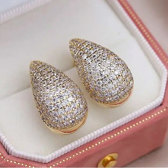 Gold Zircon Water Drop Earrings Luxury Exquisite Tear Drop Gold Plated Gift - Picture 3 of 13